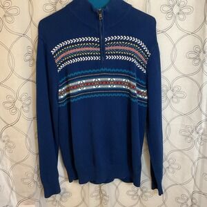 Nautica Quarter Zip Blue Striped Cotton Sweater Men's Size Large